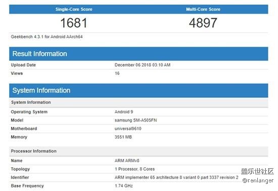 三星Galaxy A50跑分曝光 搭載新U獵戶(hù)座9610