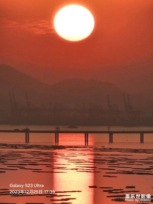 紅日，夕陽，大海，橋